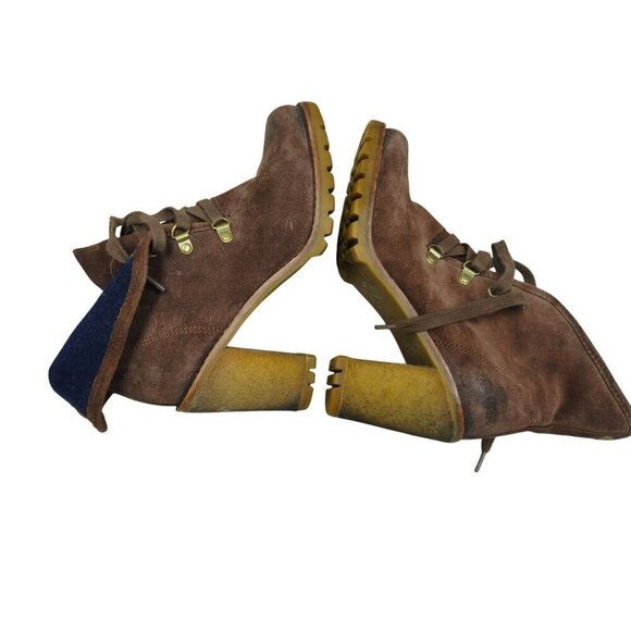 Ugg Chocolate Brown Suede Leather Heeled Ankle Boots Sz 7 Wool Sheepskin‎ Warm - Picture 6 of 11